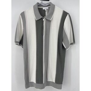 Reiss Shirt Mens Medium Green Stripe Nicky 1/4 Zip Polo Stretch Casual Knit